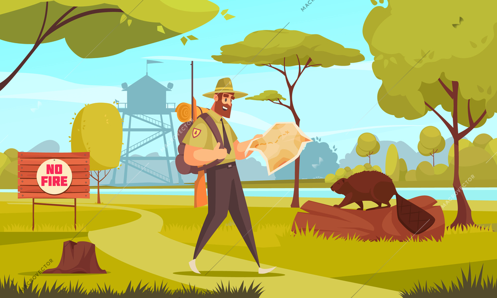 Man forest ranger walking in wood with gun and map cartoon vector illustration