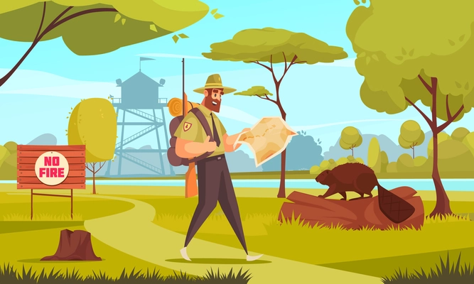Man forest ranger walking in wood with gun and map cartoon vector illustration