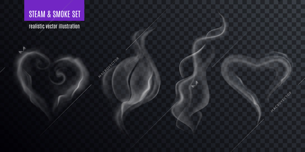 Steam smoke realistic set of four various vapour fume shapes on transparent background with text vector illustration