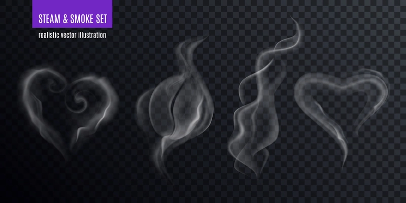 Steam smoke realistic set of four various vapour fume shapes on transparent background with text vector illustration