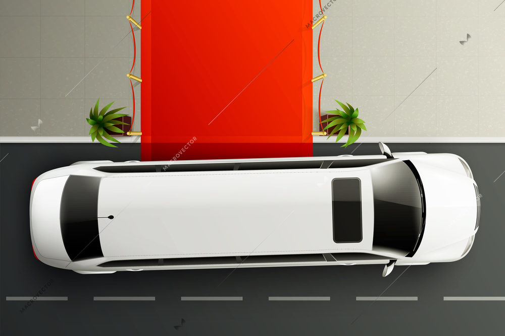 Cars top view realistic composition with white luxury limousine standing in front of red carpet vector illustration