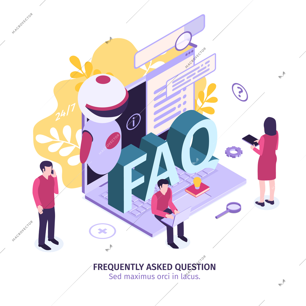 Isometric customer support faq composition with editable text gear icons and small human characters with laptop vector illustration