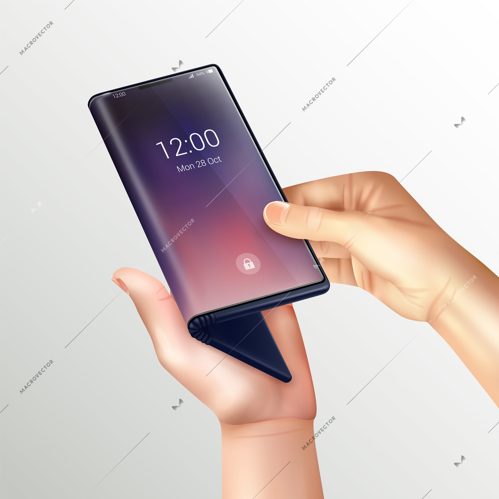 Foldable smartphone realistic composition with human hands hold folding phone by the screen on gradient background vector illustration