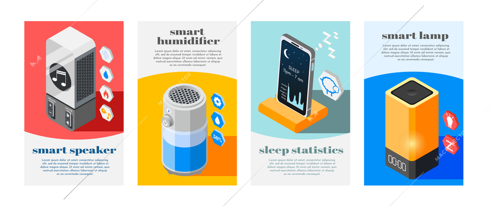 Four hi-tech sleeping isometric banner set with smart lamp speaker humidifier and sleep statistics descriptions vector illustration