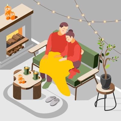 Young couple enjoying hygge danish lifestyle sitting under plaid on sofa with coffee isometric background vector illustration