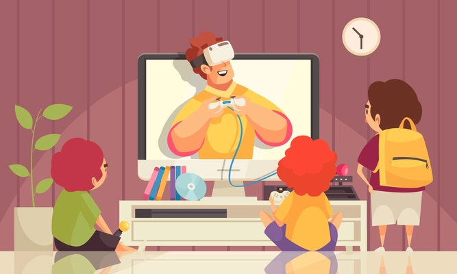 Children watching video blogger playing computer game cartoon vector illustration