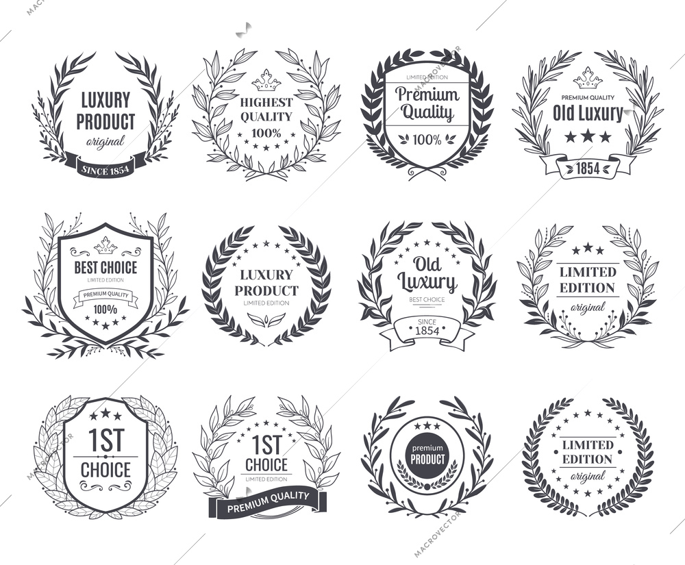 Awards emblems black white set with ribbons isolated vector illustration