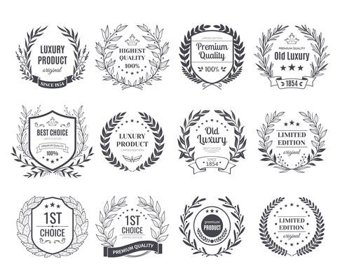 Awards emblems black white set with ribbons isolated vector illustration