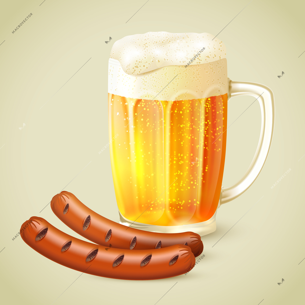 Cool glass mug of cold golden beer with froth and grilled sausage emblem vector illustration