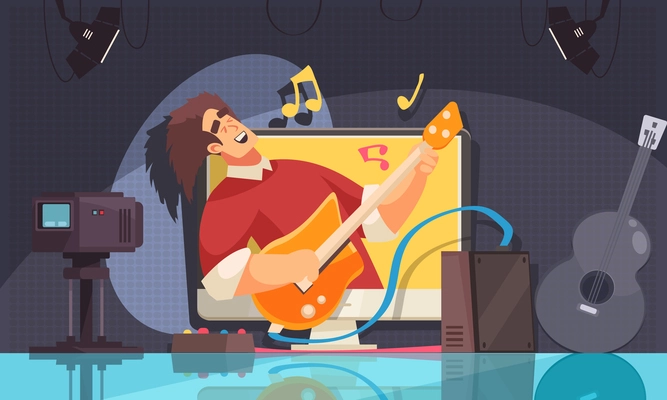 Music video blogger playing guitar online cartoon vector illustartion