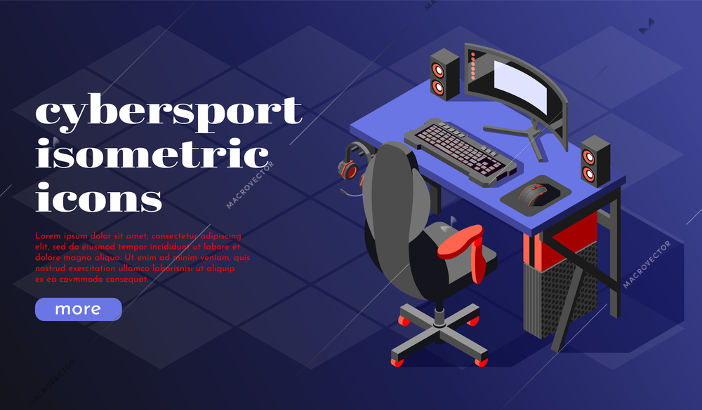 Cybersport isometric background or landing page with big headline and more button vector illustration