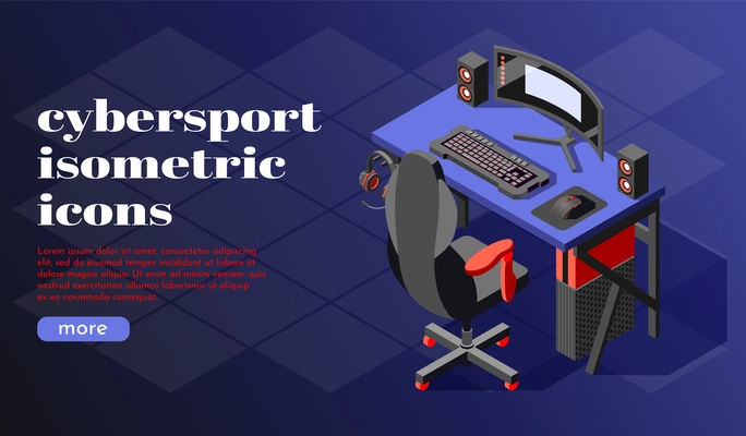 Cybersport isometric background or landing page with big headline and more button vector illustration