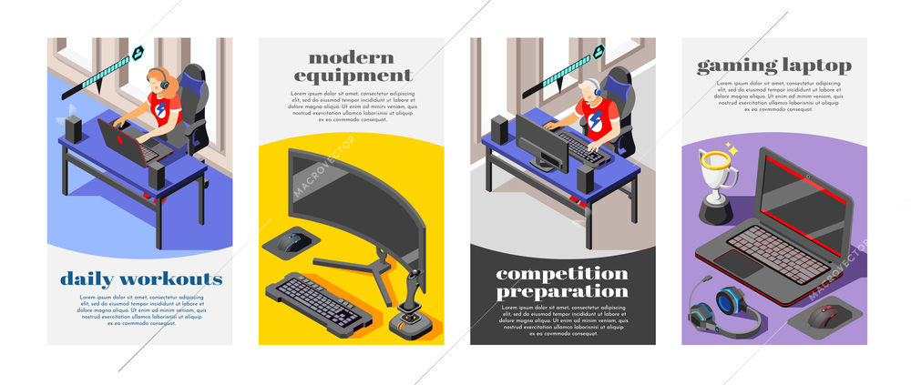 Cybersport isometric banner set with daily workout modern equipment competition preparation and gaming laptop headlines vector illustration