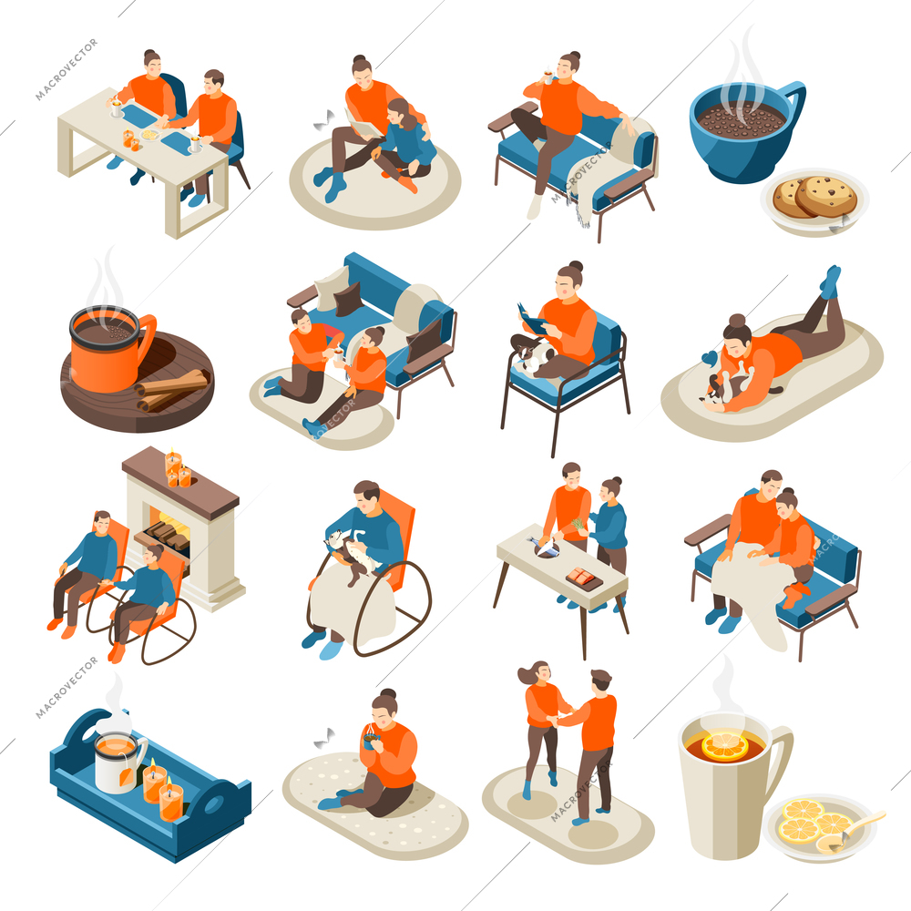 Hygge lifestyle isometric recolor icons set with cozy home fireplace candles reading comfort coffee togetherness vector illustration