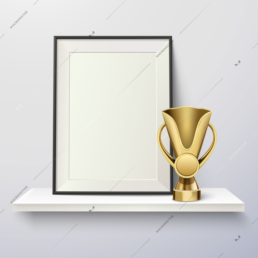 Trophy and frame realistic composition with pure wall with shelf golden cup and empty photo frame vector illustration