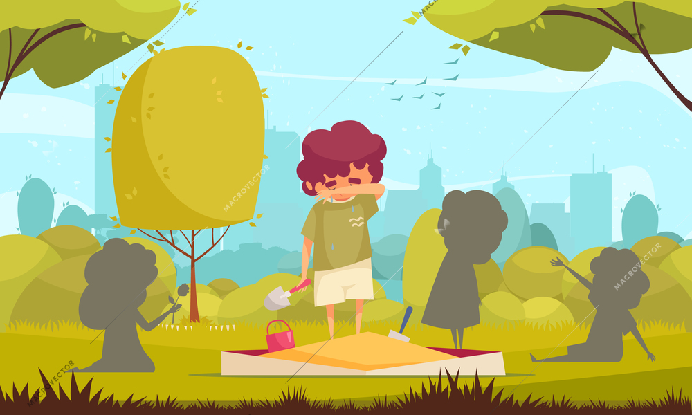 Cartoon background with lonely sad boy standing on sandpit and mopping tears from face vector illustration