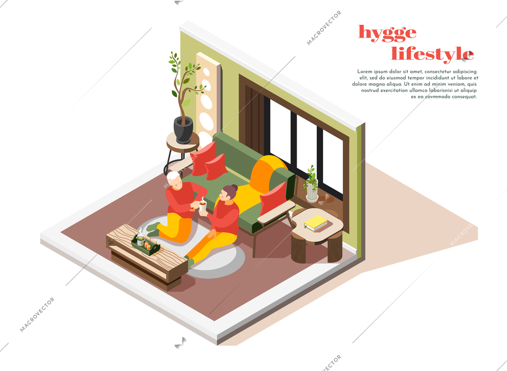 Hygge lifestyle isometric composition with couple comfortably sitting home on floor rug sipping hot chocolate vector illustration