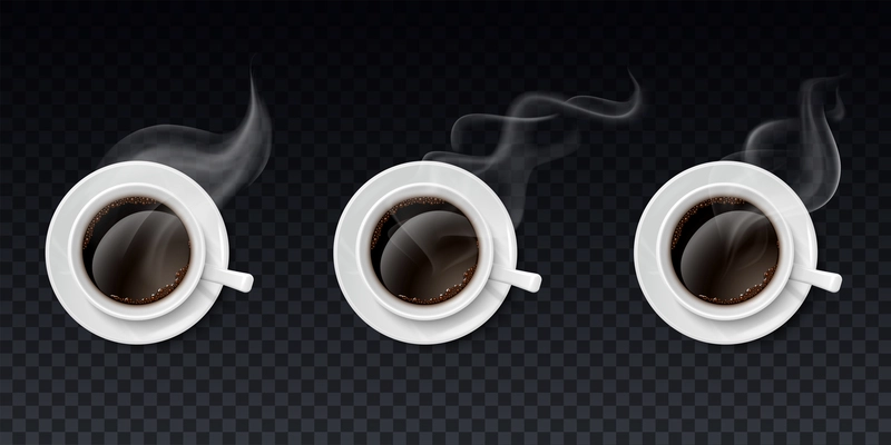 Steam smoke top realistic cups transparent set with three cups of coffee producing fumes of various shape vector illustration