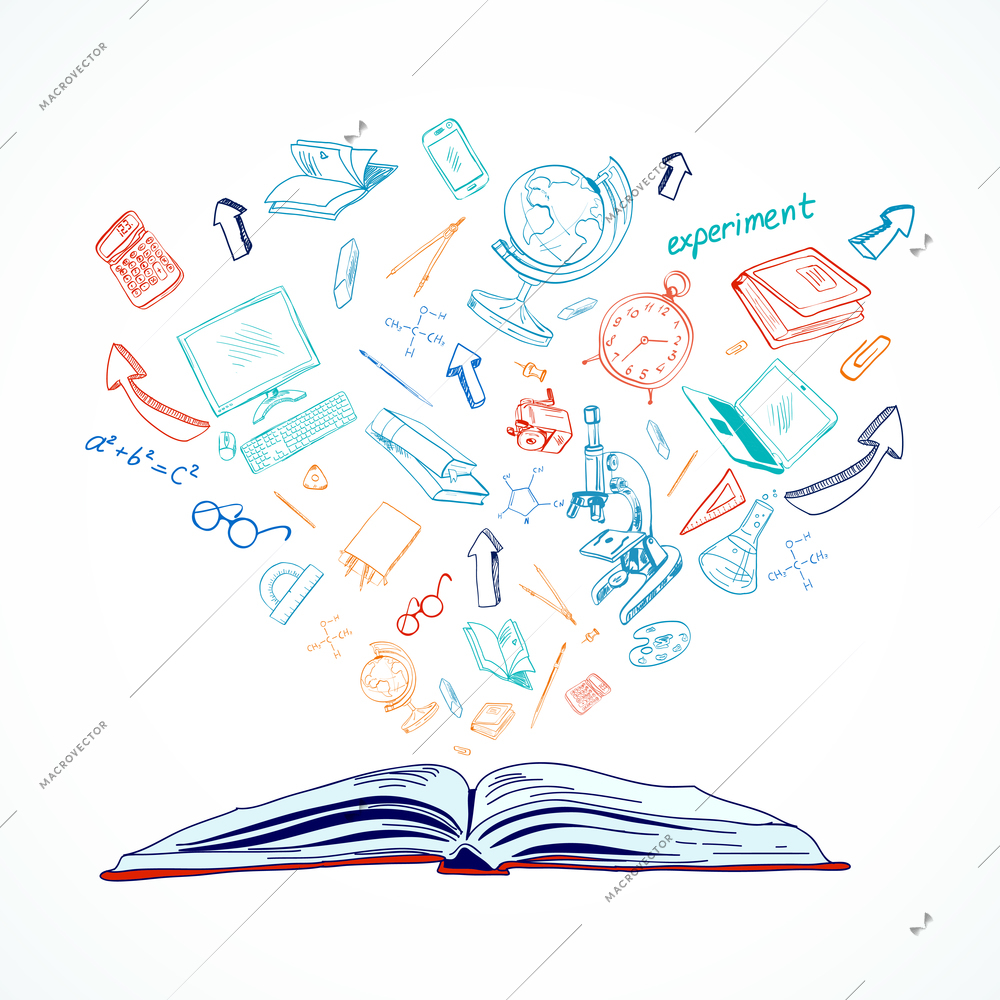 Open book school education concept with doodle icons set vector illustration