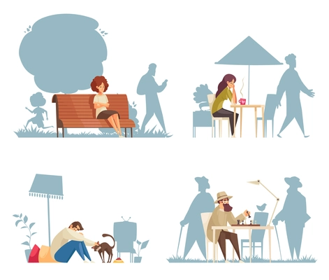 Cartoon compositions with lonely sad people sitting at cafe on bench playing chess stroking cats isolated vector illustration