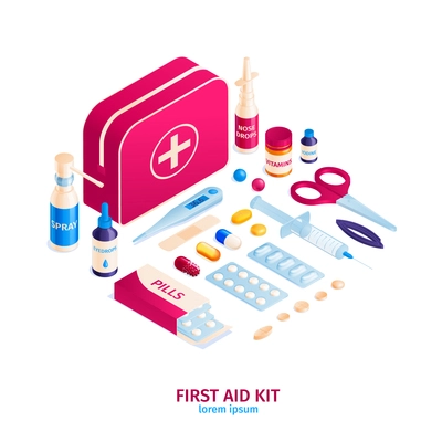 Isometric medicine pharmacy composition with editable text and isolated images of first aid kit bag contents vector illustration