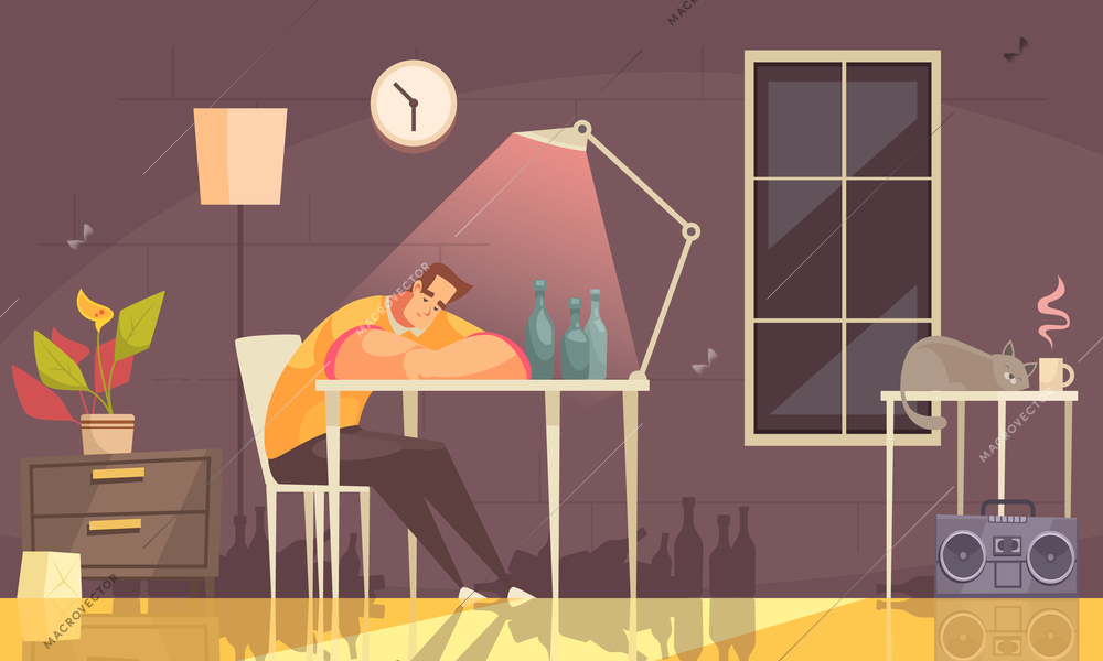 Cartoon background with lonely upset man suffering with alcohol sitting on chair at home addiction vector illustration