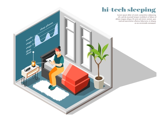 Hi-tech sleeping isometric and colored composition with electronic tool for good sleep vector illustration