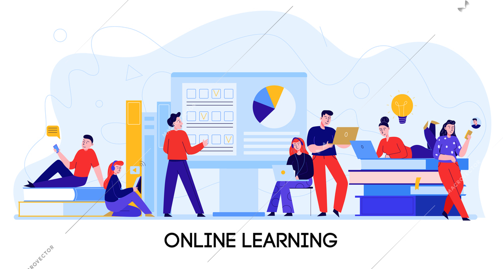 Online education concept flat composition banner with audio video courses cloud library access e-learning symbols vector illustration