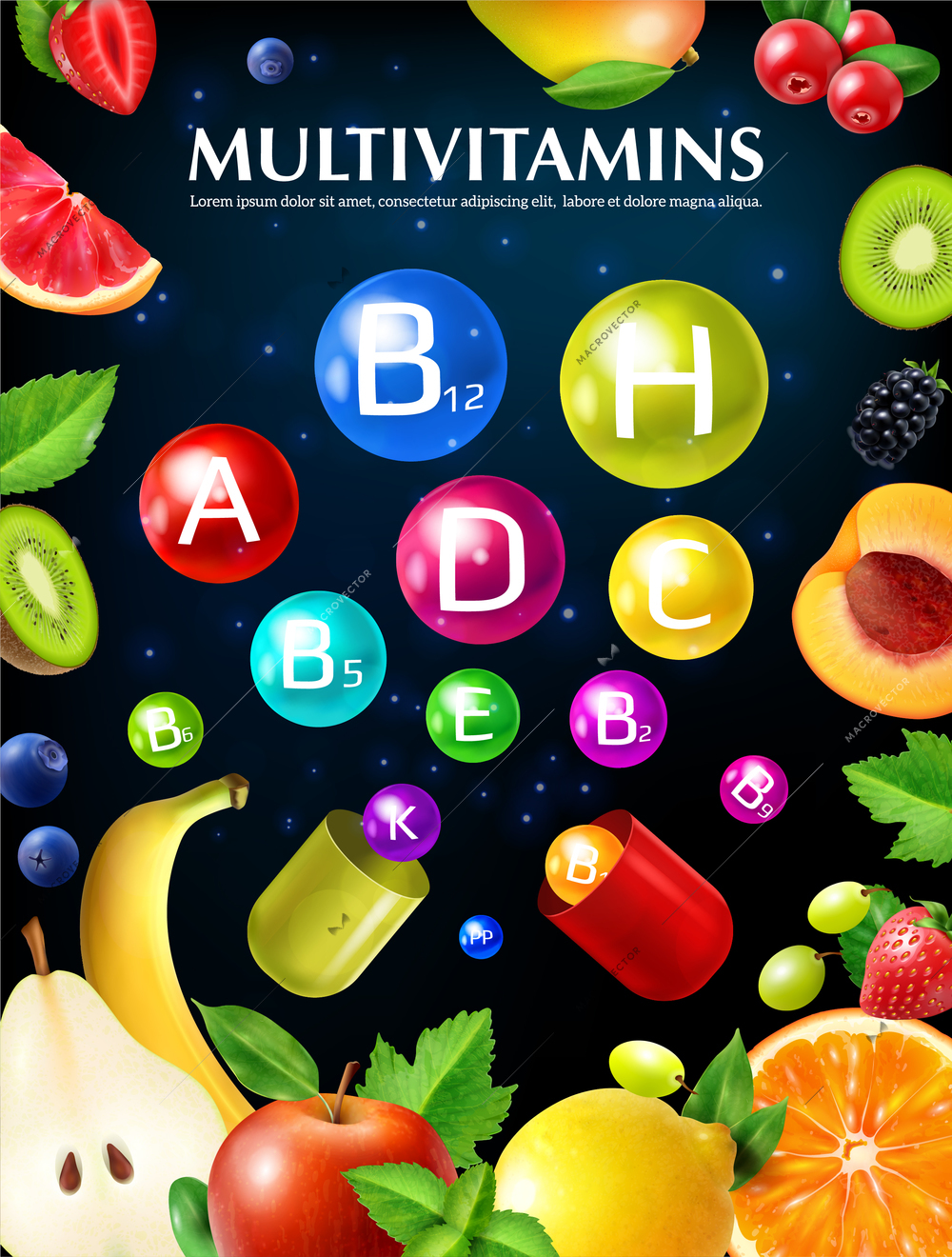 Best vitamins minerals boosting energy 3d colorful realistic advertising poster with fruits extracts supplements multivitamins vector illustration