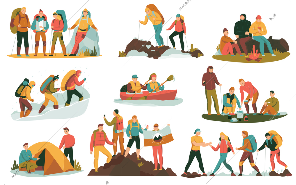 Mountain climbing trekking hiking flat compositions set with overnight halt camping tent bonfire cooking boating vector illustration