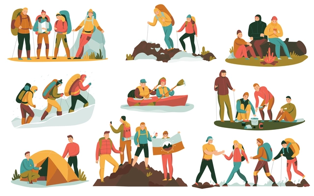 Mountain climbing trekking hiking flat compositions set with overnight halt camping tent bonfire cooking boating vector illustration