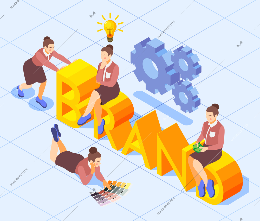 Brand building 3d lettering isometric background composition with female marketing team creativity collaboration promotion symbols vector illustration