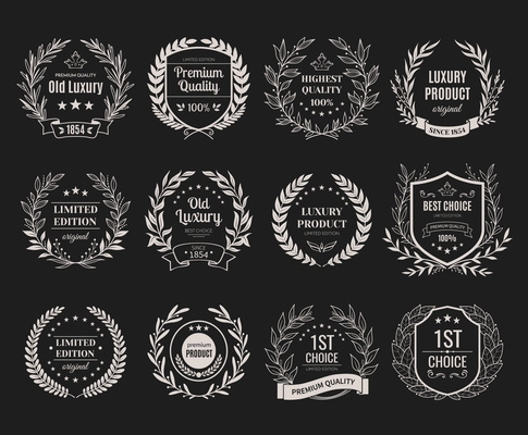 Silver awards emblems realistic set with premium quality symbols on black background isolated vector illustration