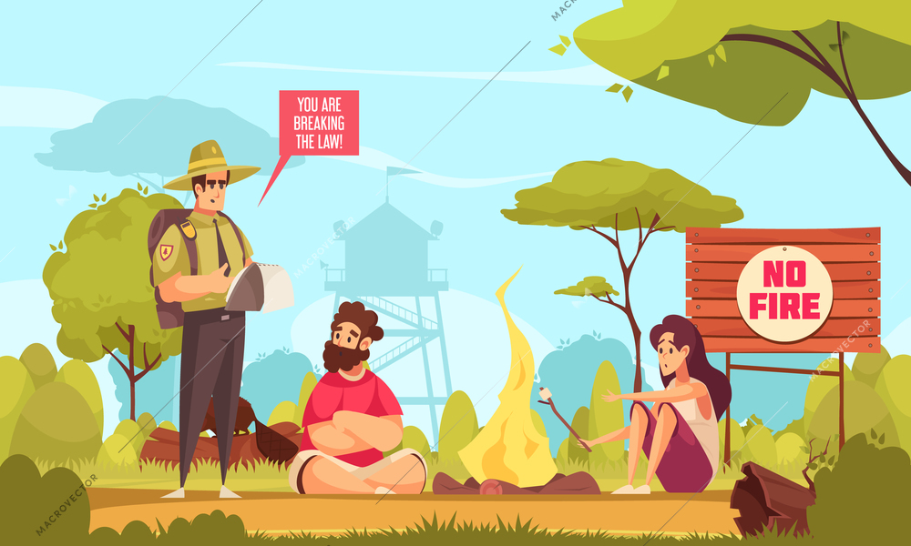 Cartoon background with forest ranger and two people breaking law making fire in forest vector illustration