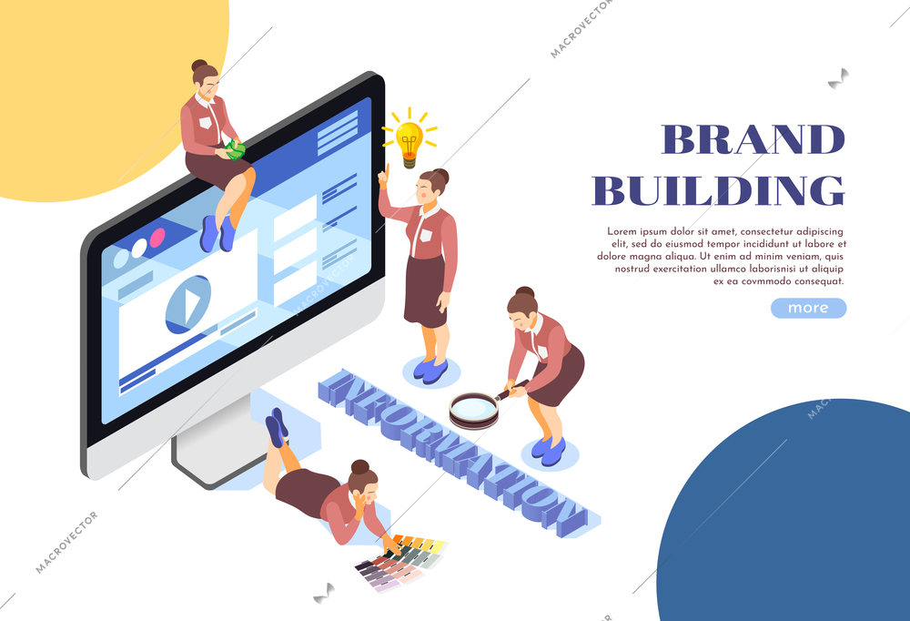 Brand building web page isometric background composition with desktop monitor female team information search symbols vector illustration