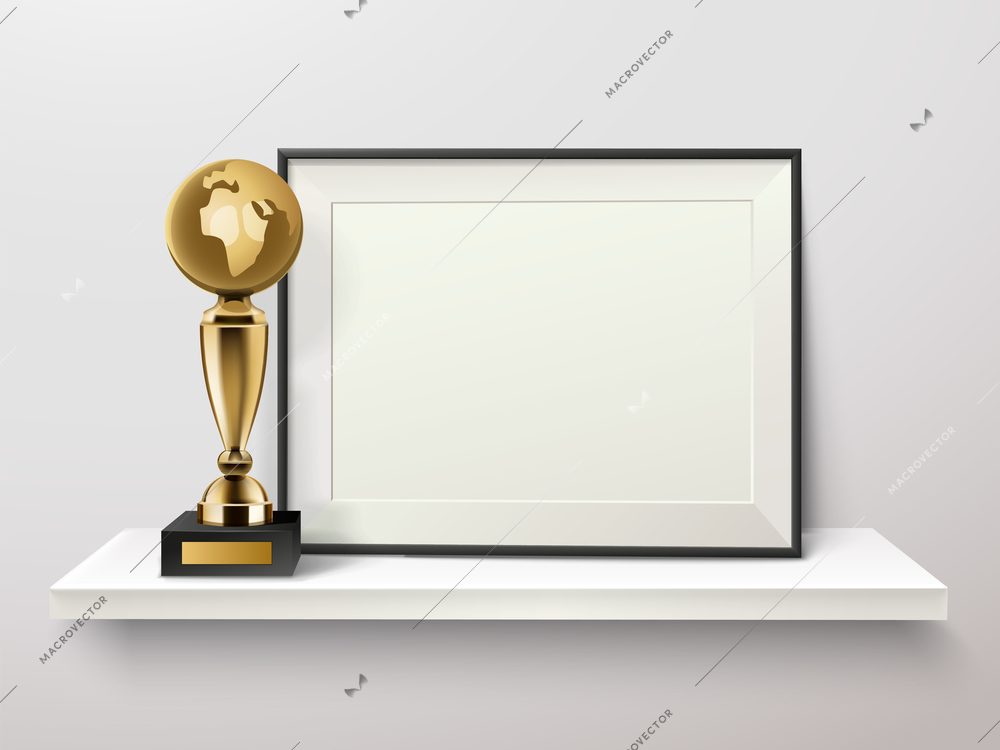 Trophy and frame realistic compostion with bright wall shelf and golden globe statuette with empty photo frame vector illustration