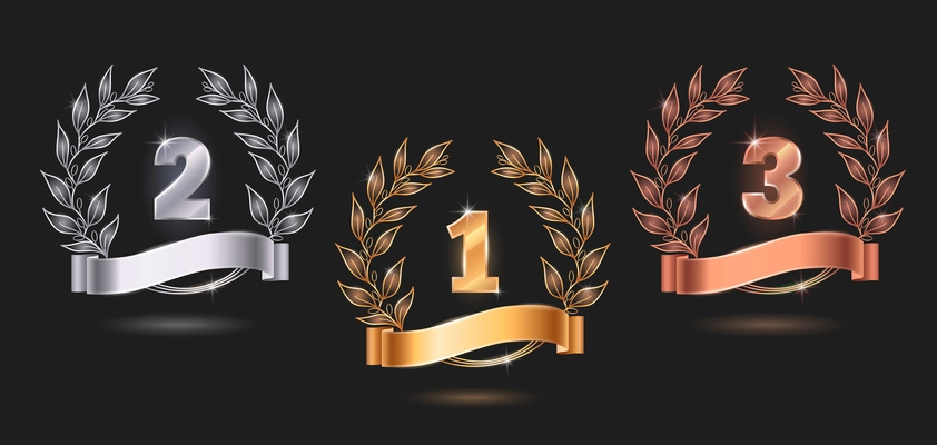 Contest awards emblems realistic set with golden silver and bronze on black background isolated vector illustration