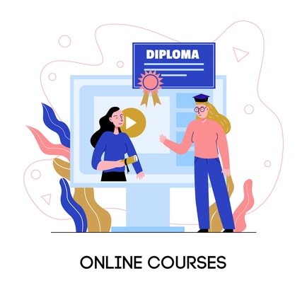 Online professional diploma courses personal instructors adult education flat composition with academic degree award ceremony vector illustration