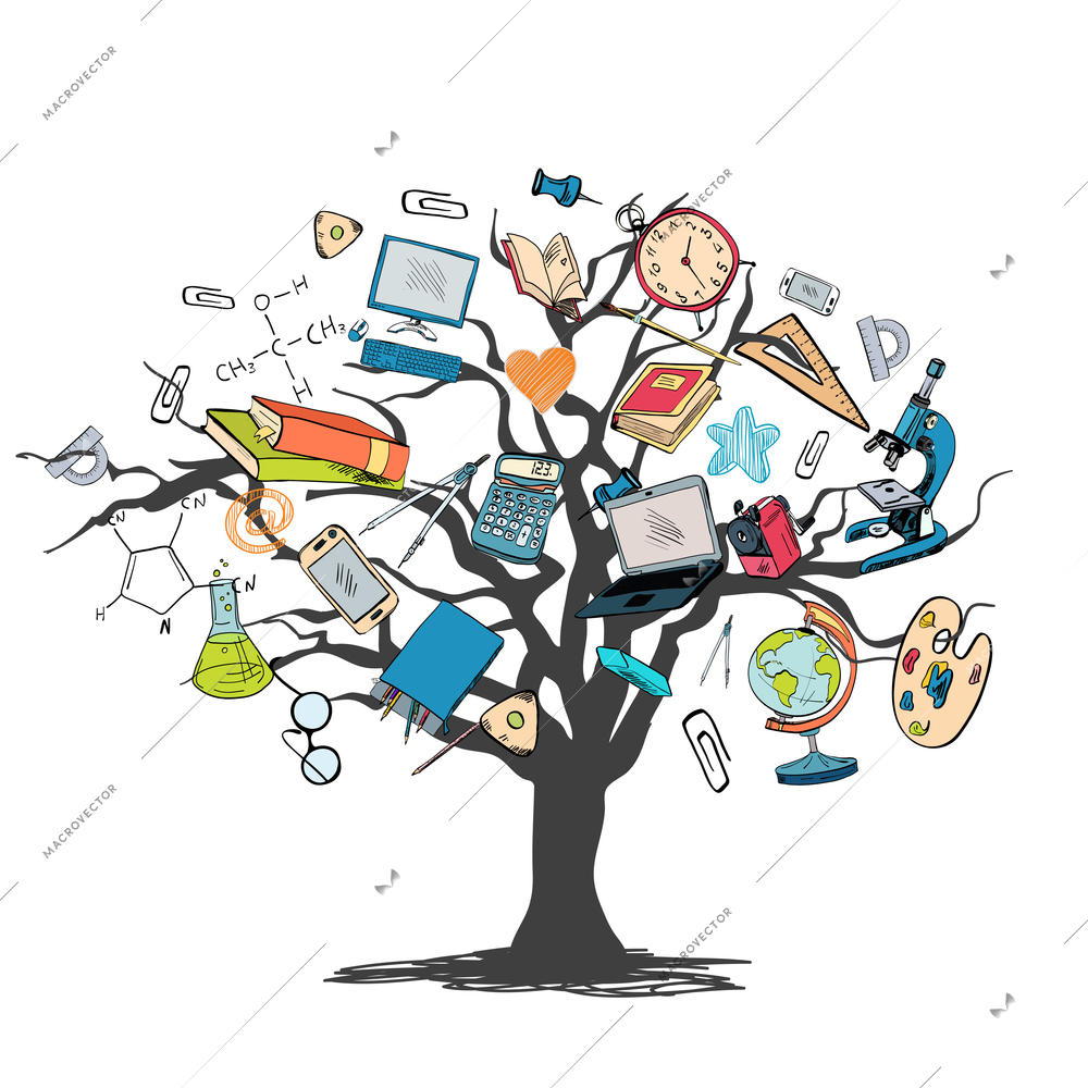 School education elements icons set in tree knowledge concept vector illustration