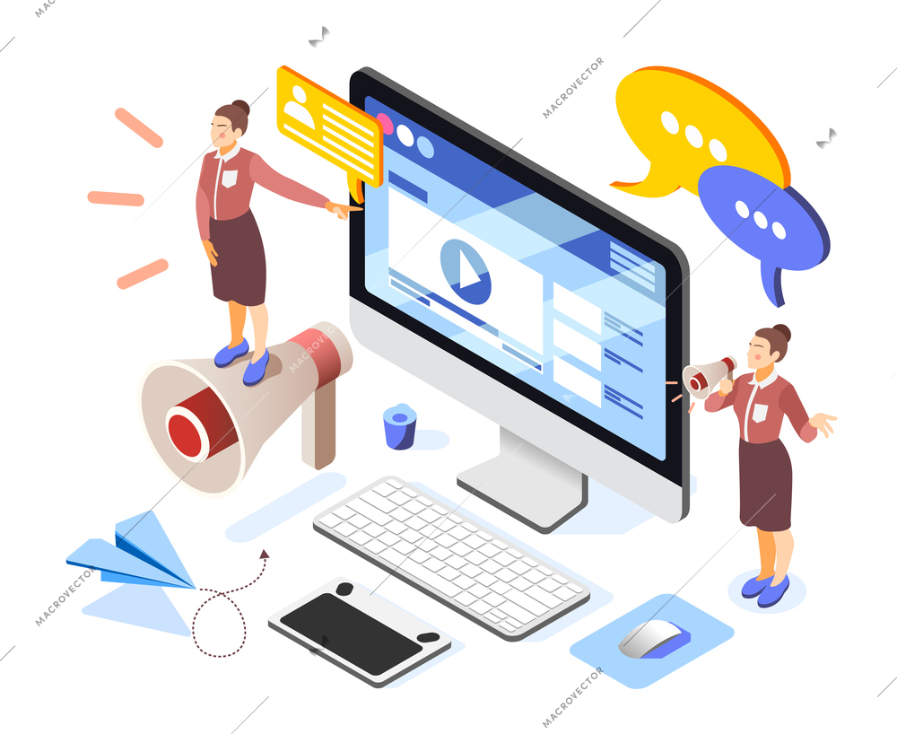 Brand building isometric composition with women entrepreneurs team online advertising website desktop screen loudspeaker symbols vector illustration