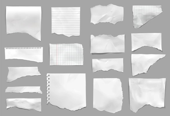 Ripped torn from notebook checked pages college lined paper scraps grey background realistic set isolated vector illustration