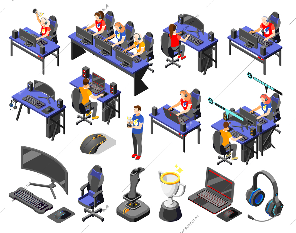 Cybersport icons set with game equipment symbols isometric isolated vector illustration