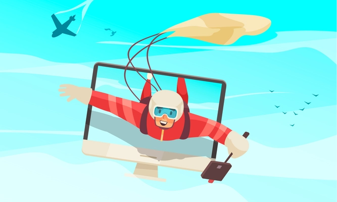 Video blogger cartoon background with skydiver taking video while jumping with parachute vector illustration