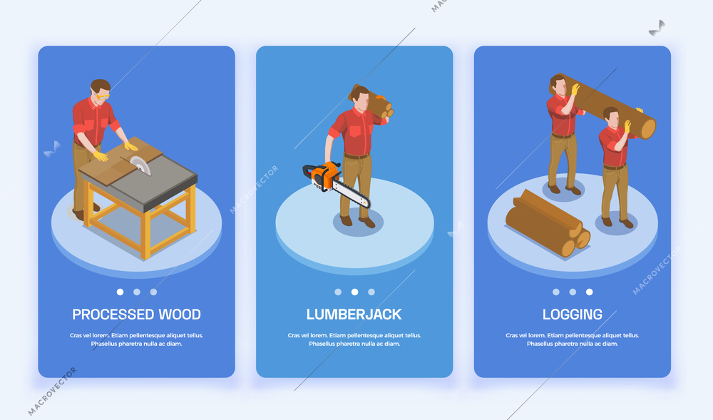 Sawmill timber mill lumberjack isometric set of three vertical banners with editable text and page switches vector illustration