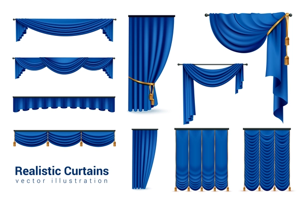 Realistic blue curtains set with isolated images of luxury curtains with various shapes and golden ties vector illustration