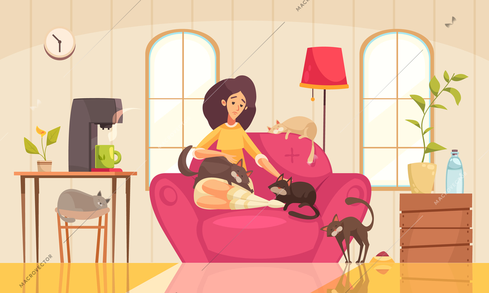 Sad lonely woman sitting on sofa at home and stroking cats cartoon vector illustration