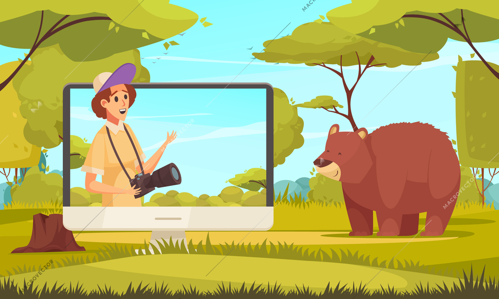 Computer screen with travel video blogger brown bear and forest cartoon vector illustration