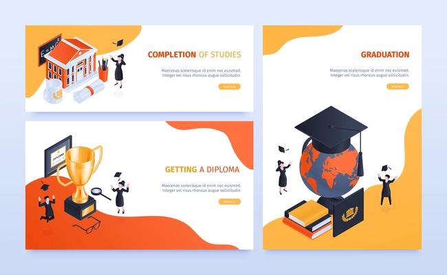 Isometric graduation diploma horizontal banners set with text clickable buttons and people with books and trophies vector illustration