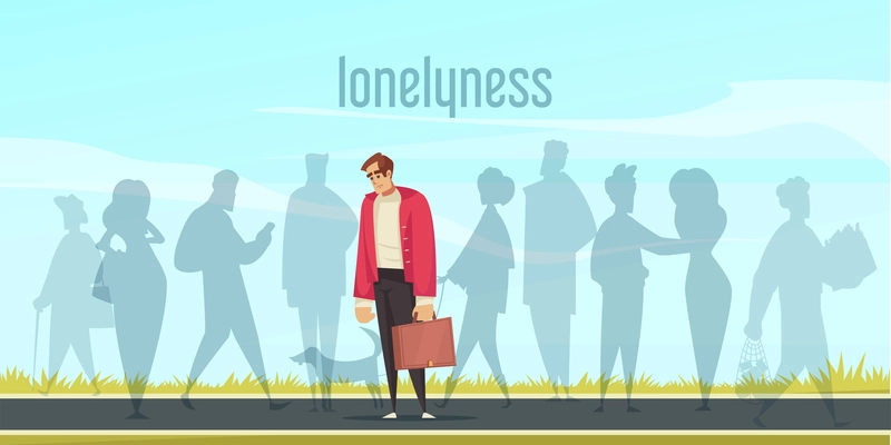 Lonely depressed man with suitcase standing on road cartoon vector illustration