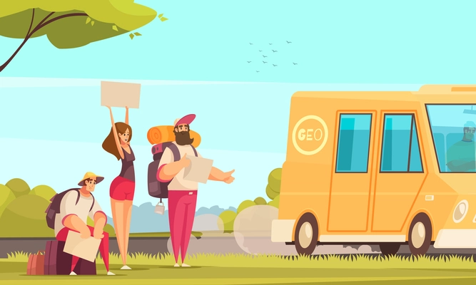 Cartoon background with friends hitchhiking and stopping bus on road vector illustration